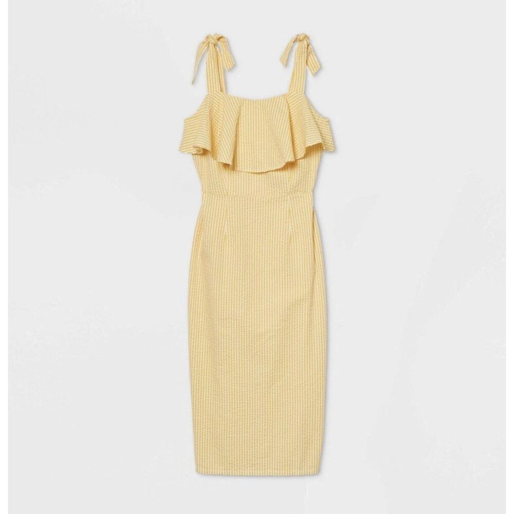 A New Day Yellow Seersucker Midi Dress Tie Shoulder Ruffle Bodycon Size XS